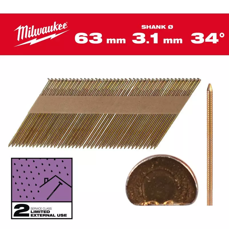 Clous de charpente - Tête en D 34° 63 x 3.1 mm - 2200 pièces - Carton - MILWAUKEE - 4932492609