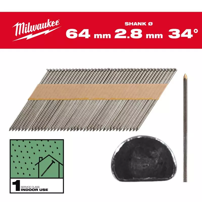 Clous de charpente en bande papier -  Tête en D 34° 64 x 2.8 mm - 2200 pièces - MILWAUKEE - 4932492596