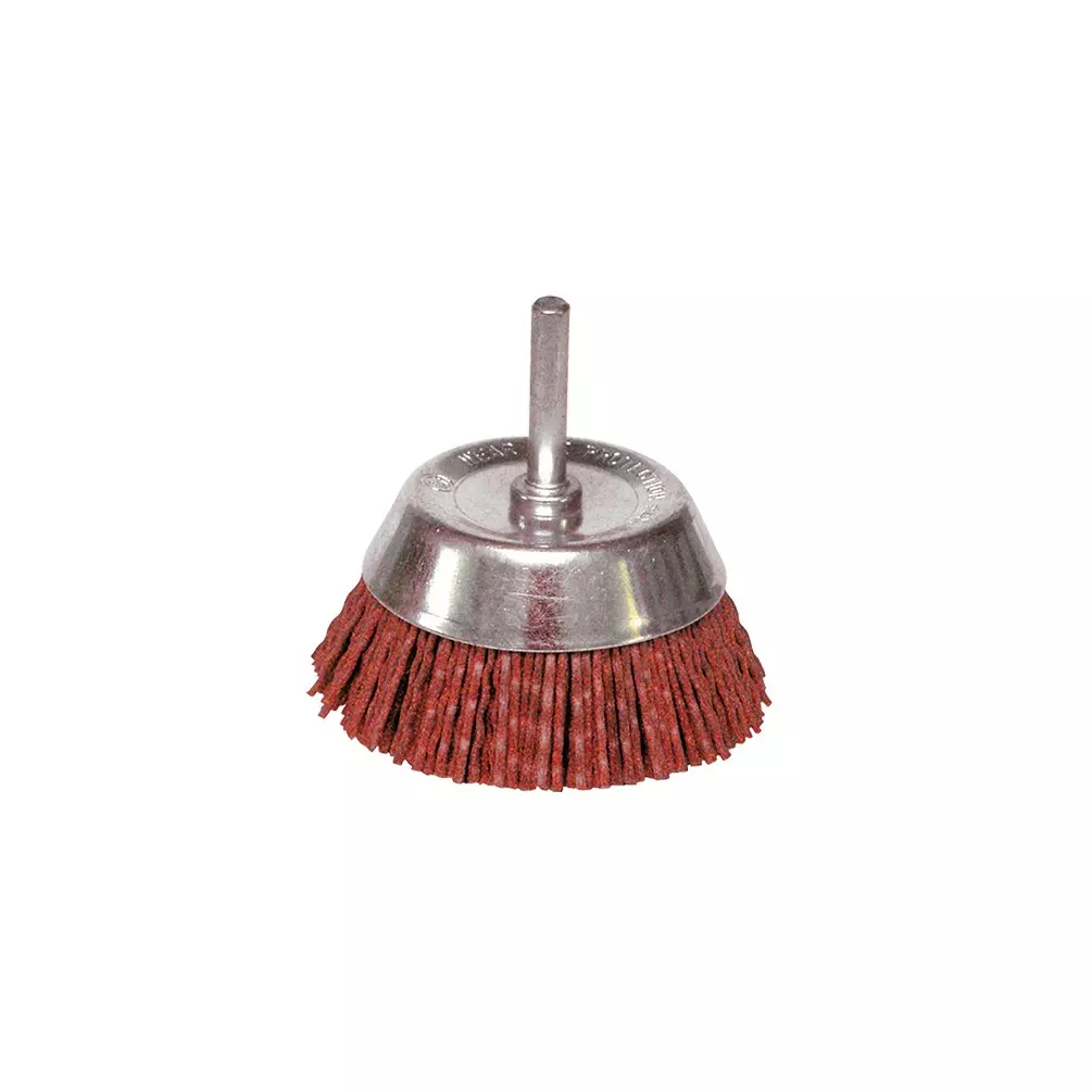Brosse conique sur tige fil nylon pour décapage doux bois/métal - D. 75 mm - Q. 6 x 30 mm - Gr. 80 - LEMAN - 130.071V