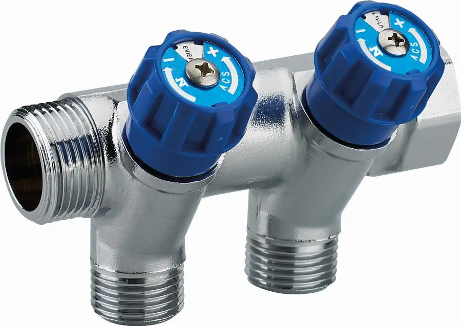 Collecteur à robinetterie intégrée manette bleue mâle femelle MF3/4' (20x27) NOYON & THIEBAULT - Disque d'identification du point d'eau - Entraxe 50 mm - 80351