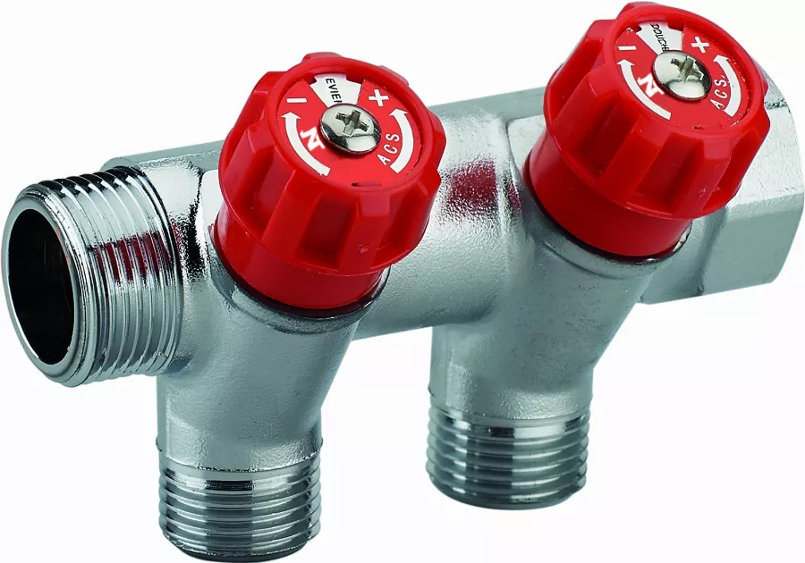 Collecteur à robinetterie intégrée manette rouge mâle femelle MF3/4' (20x27) NOYON & THIEBAULT - Disque d'identification du point d'eau - Entraxe 50 mm - 80352