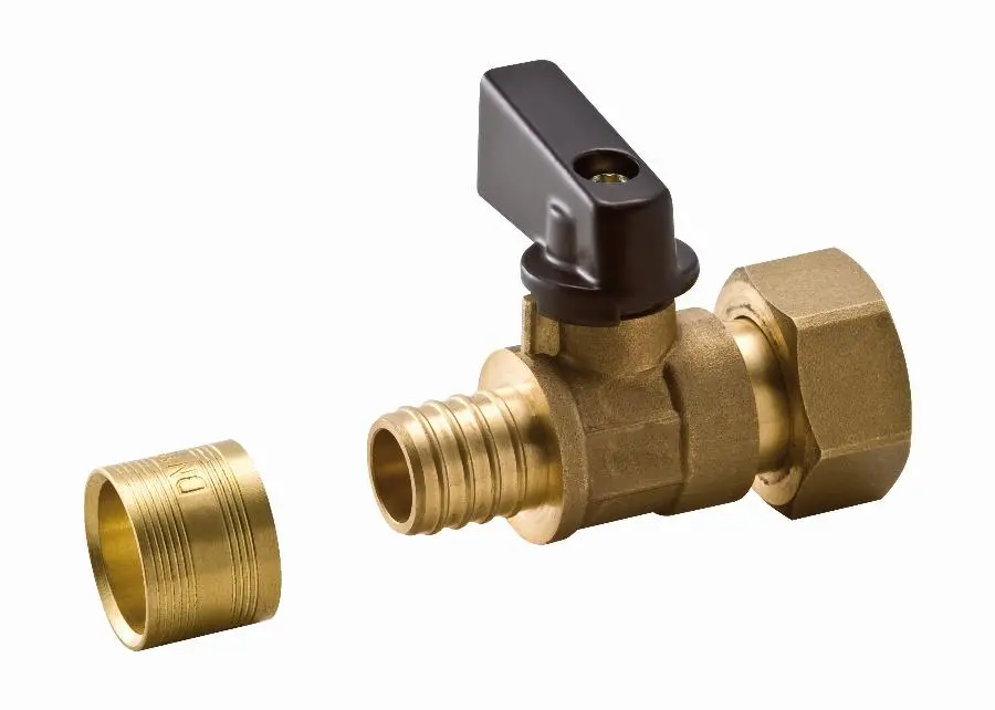 Mini vanne 1/4 tour à glissement sur tube PER NOYON & THIEBAULT - A visser femelle écrou libre F1/2' (15x21) - Bague en laiton - 2121