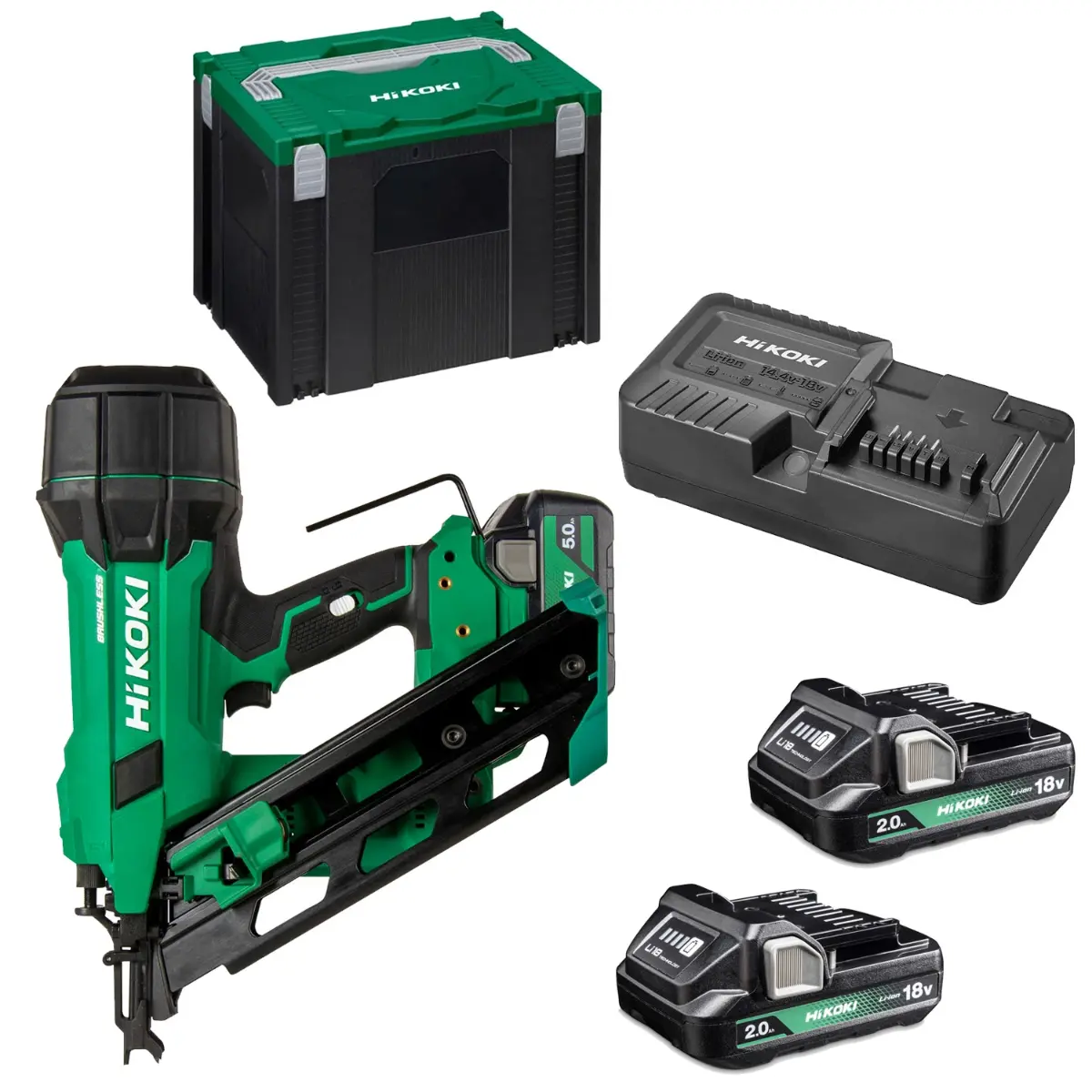 Cloueur de charpente 50-90 mm 18V Brushless - Tête en D bande papier + 2x Batteries 18V 5.0 Ah + Chargeur rapide en coffret HitCase IV - HIKOKI - NR1890DCAWQZ