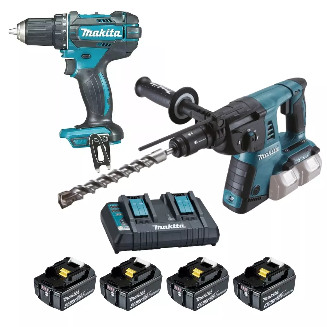 Perceuse visseuse DDF482 + Perforateur burineur SDS-PLUS DHR264 - MAKITA - avec  4 batteries 18V 4.0Ah + chargeur double - LOT0234