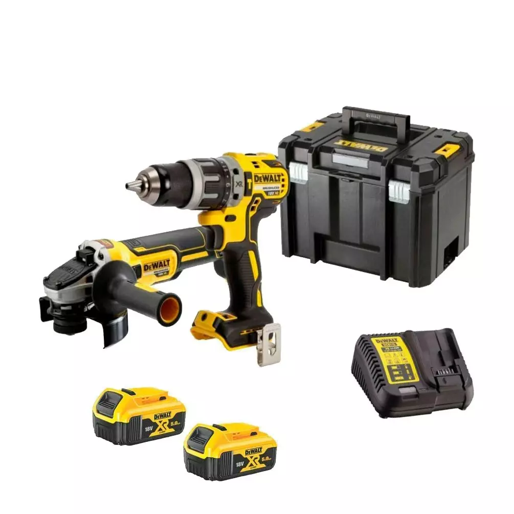 Pack 2 outils XR 18V 5.0 Ah - Perceuse visseuse à percussion DCD796 + meuleuse Ø125 mm DCG405  - DEWALT - avec 2 batteries 18V 5Ah - chargeur - coffret T-Stak - DCK2080P2T-QW