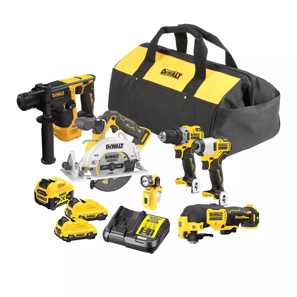 Combi set - 6 pièces starter set 12V - DEWALT - avec 1 batterie 5.0Ah + 2x 2.0Ah - chargeur - sac de transport - DCK611P1D2-QW	