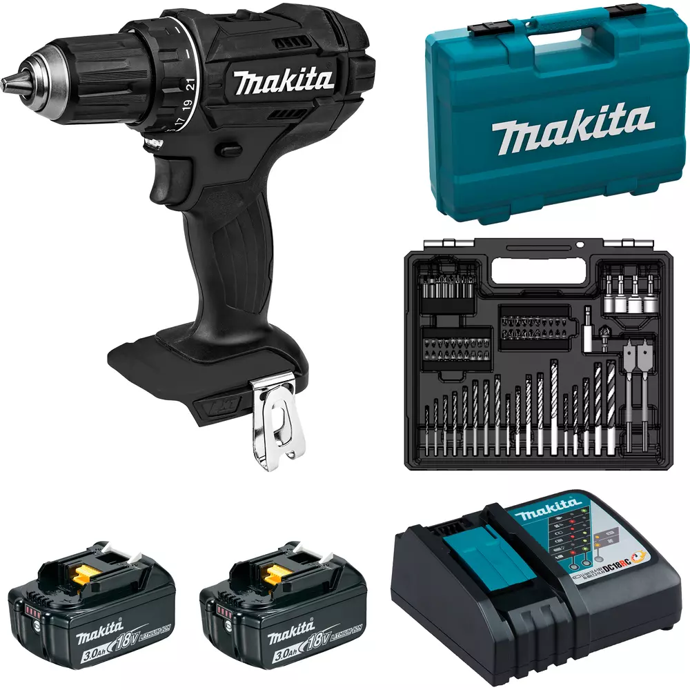 Perceuse-visseuse 18V Black  - MAKITA - avec 2 batteries 3Ah  + chargeur rapide + coffret avec accessoires - DDF482FX1B
