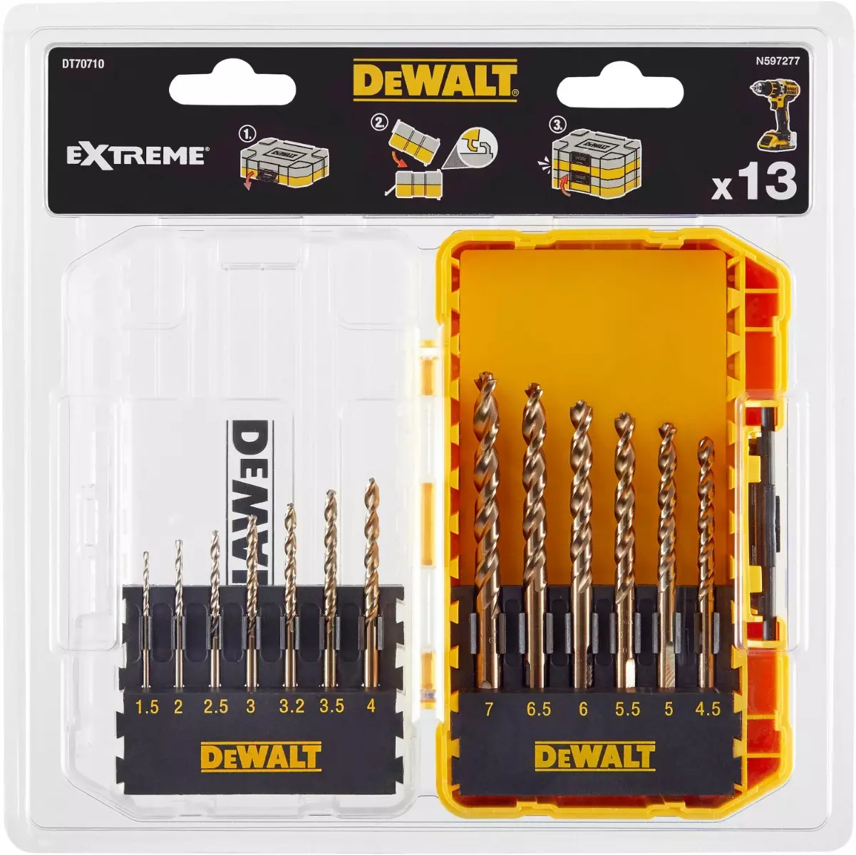 Petit coffret Toughcase contenant jeu de forets métalliques HSS-G (1.5mm-7mm) - 13 pièces - DEWALT - DT70710-QZ