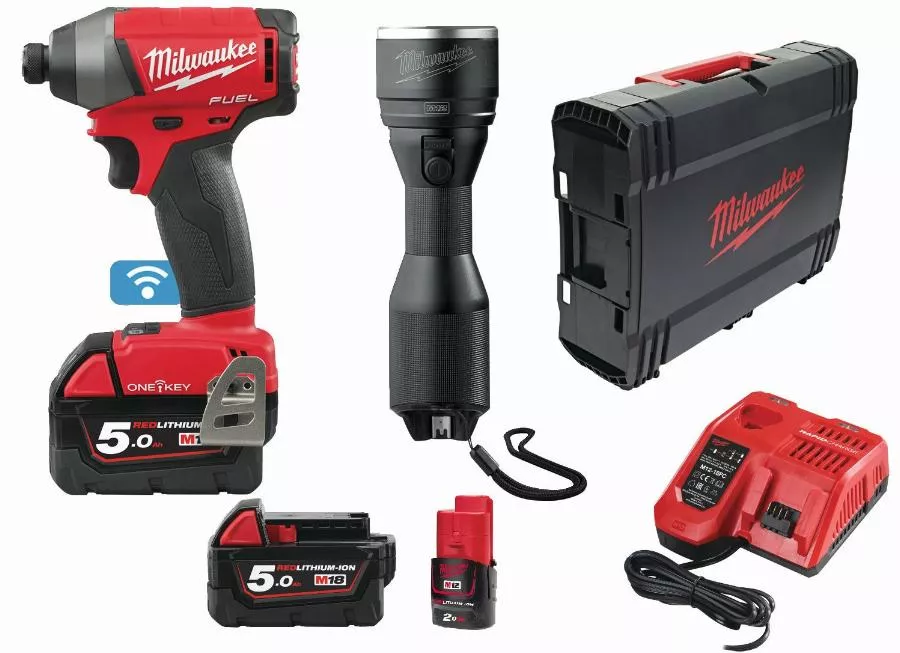 Visseuse à chocs M18 ONEID MILWAUKEE - 2 batteries 5.0Ah 18V + 1 batterie 2Ah 12V + chargeur + lampe M12MLED0 + HD Box - 4933464541