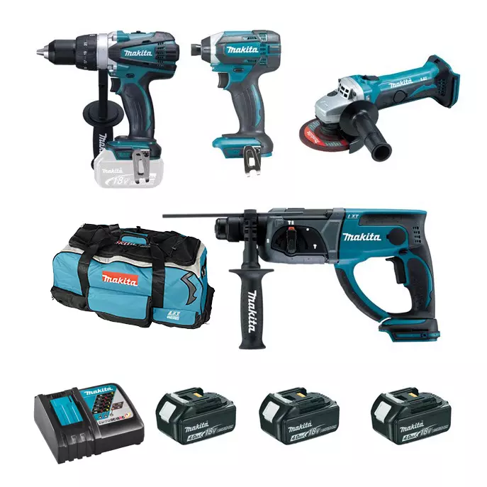 Ensemble de 4 machines 18V, Perceuse DDF458 + Meuleuse DTD152 + Perfo DHR202 + Visseuse DGA452 - MAKITA - 3 Batteries 18V 4.0Ah - chargeur - sac de transport - DLX4054MX1