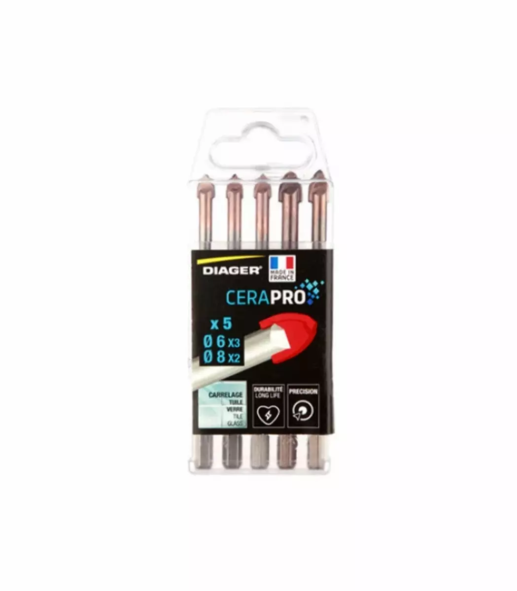 Coffret 5 forets carrelage 3 forets de Ø6mm et 2 forets de Ø8mm - CERAPRO - DIAGER - 4130A
