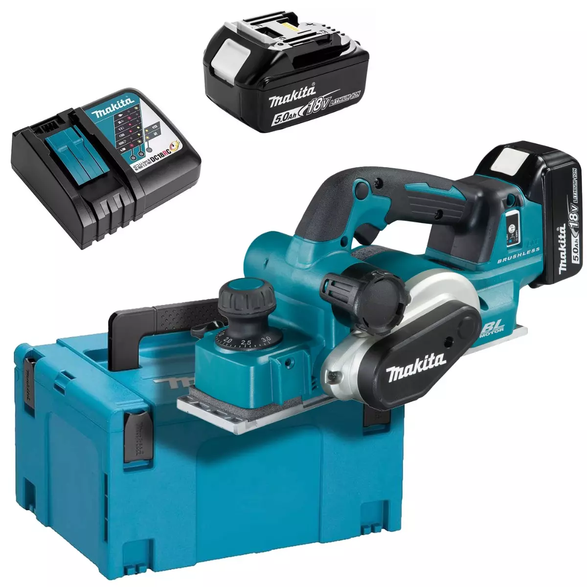 Rabot 18V LXT 82 mm - MAKITA - avec 2 batteries 18V 5.0Ah - chargeur - MakPak - DKP181RTJ