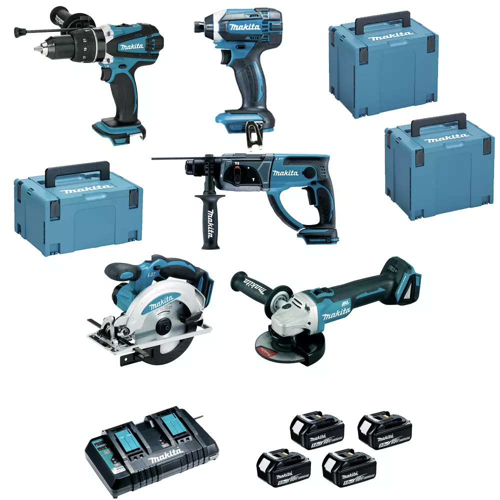 Pack de 5 machines MAKITA 18V - Perfo-burineur + Visseuse + Perceuse à percussion + Meuleuse + Scie circulaire - MAKITA - avec 4 batteries  18V 5Ah + chargeur rapide + 3 MAKPAC - DLX5039PTJ