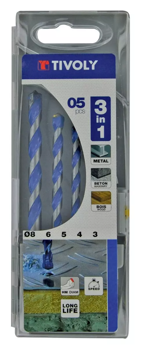 5 forets 3en1 multi-materiaux Ø 3 à 8mm - TIVOLY - 11901770002