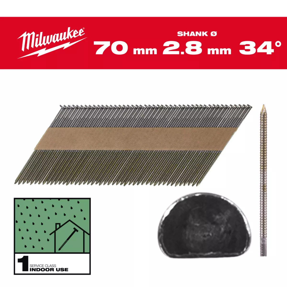 Clous de charpente en bande papier - Tête en D 34° 70 x 2.8 mm - 2200 pièces - MILWAUKEE - 4932492601