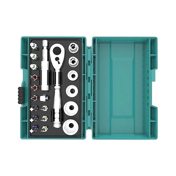 Clé à cliquet en coffret MAKITA - 21 pièces - 12 embouts + 6 douilles + 1 adaptateur 1/4" + porte-embout magnétique - B-54081