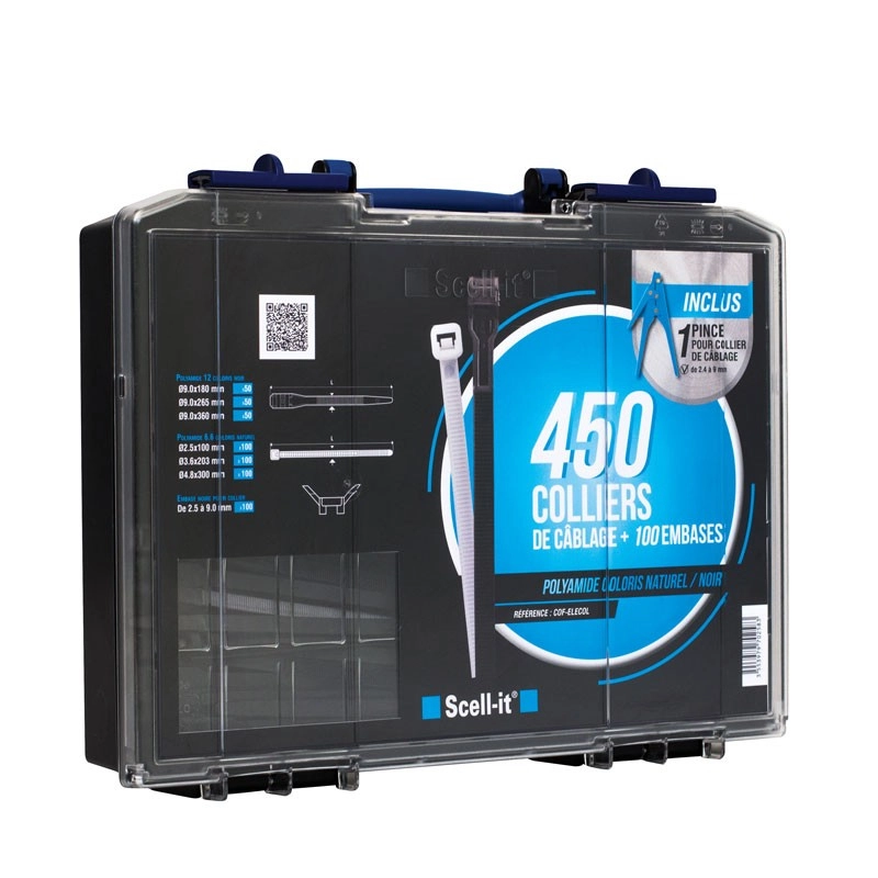 Coffret 450 colliers de câblage polyamide SCELLIT - avec pince - COF-ELECOL