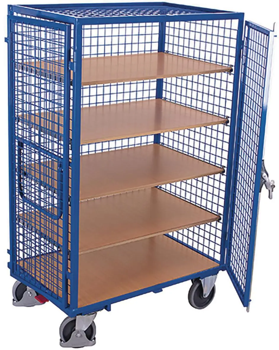 Servante grillagée 4 côtés verrouillable avec 3 étagères bois 850 x 500 mm - FIMM - Charge 500 kg - Roues Ø 160 mm - 880725216