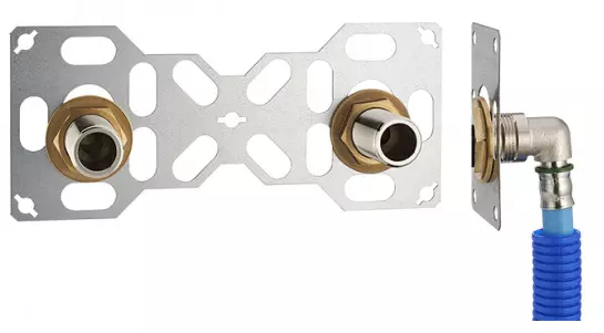 FIXSYSTEM double : kit complet de fixation d'un robinet mural entraxe 150 mm Coudes d'alimentation à sertir profil U sur tube multicouche NOYON & THIEBAULT - Ø 16 mm, sortie mâle 3/4' (20x27) - 3331-16PL1