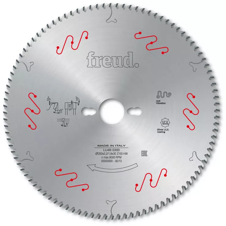 Lame à faible épaisseur trapèze plate pour plastiques FREUD - Ø250 2,2/1,6 AL30 Z100 TP+ - F03FS05170 -LU4B 0300