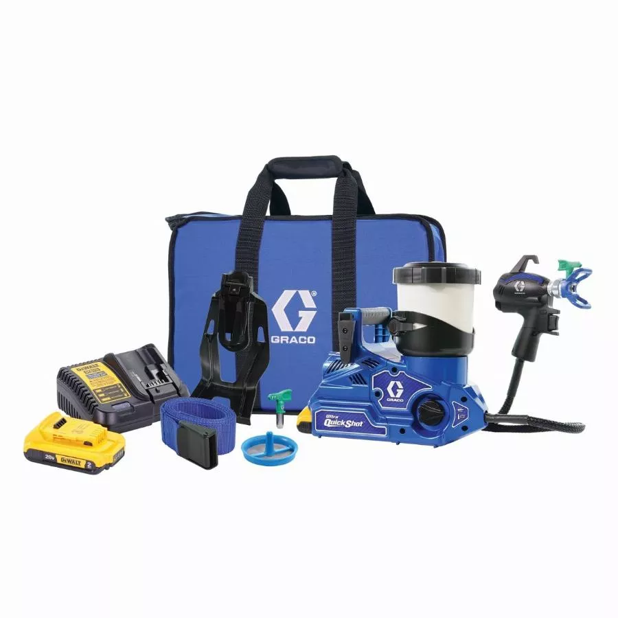 Pistolet pulvérisateur de peinture Airless Ultra QuickShot - GRACO - avec 2 batteries 18V  2,0Ah Dewalt - 1 chargeur de batterie Dewalt - sac de transport - 20B476