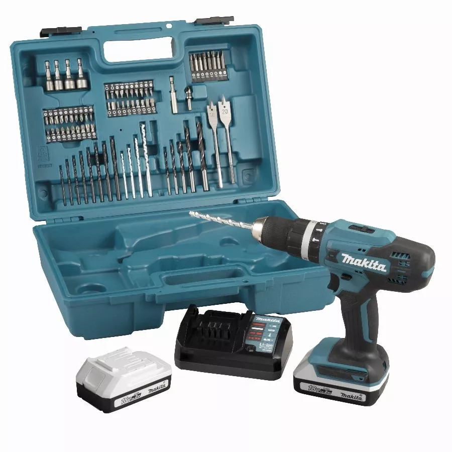 Perceuse visseuse à percussion 18V 42 Nm - MAKITA - 2 batteries 18v 2ah BL1820G + chargeur + 74 pièces - HP488DAEX1