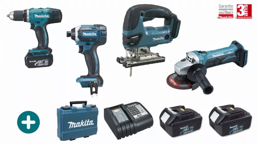 Lot 4 machines 18V + Perceuse Visseuse DDF453 + Visseuse à Choc DTD152 + Meuleuse DGA452 + Scie Sauteuse DJV180 - MAKITA - 3 Batteries 18V 3Ah + Chargeur - MakPac - LMK3