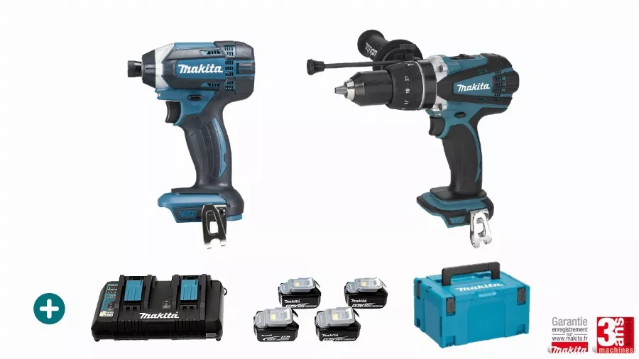 Pack 2 machines 18V + Perceuse Visseuse DHP458 + Visseuse à Choc DTD152 - MAKITA - 4 Batteries 5Ah + Chargeur Double - MakPac - LMK10