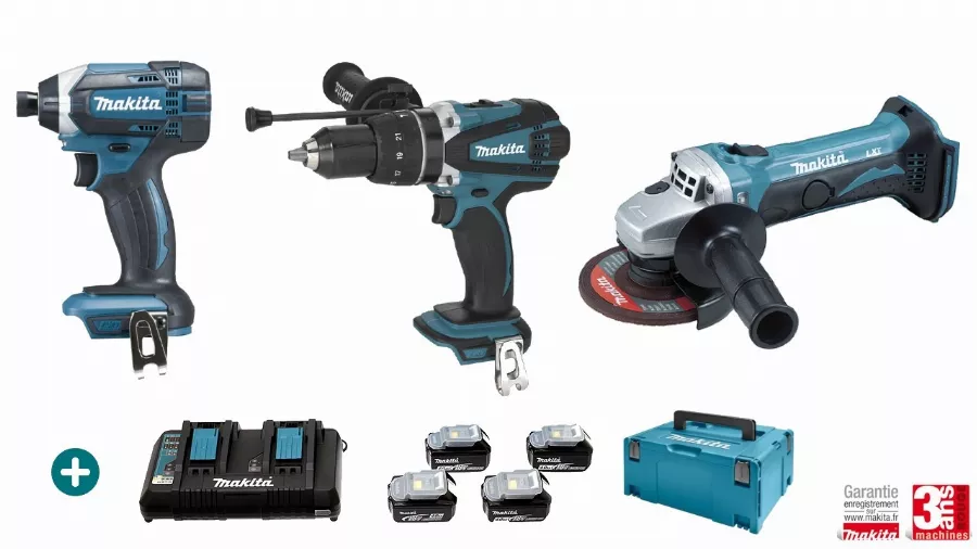 Lot 3 machines  18V + Perceuse Visseuse DHP458 + Visseuse à Choc DTD152 + Meuleuse DGA452Z - MAKITA - avec 4 batteries 18V 5Ah - chargeur Double - MakPac - LMK11