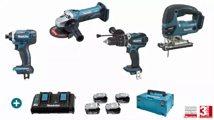 Lot 4 machines 18V Perceuse Visseuse DHP458 + Visseuse à Choc DTD152 + Meuleuse DGA452Z + scie sauteuse DJV180Z - MAKITA - avec 4 Batteries 18V  5Ah - Chargeur Double - MakPac - LMK12