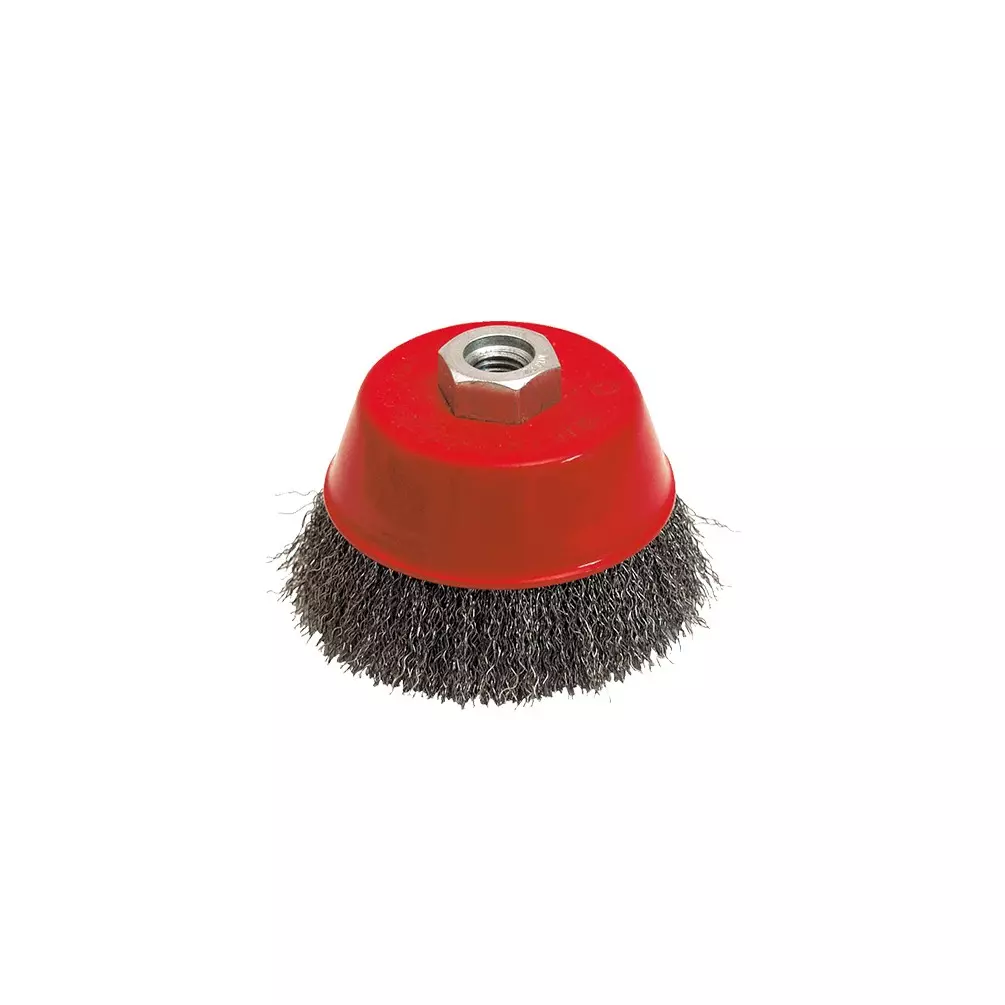 Brosse conique pour meuleuse fil acier ondulé 0.30 mm D. 80 mm M14 pour métal - Décapage dur - LEMAN - 540.080V