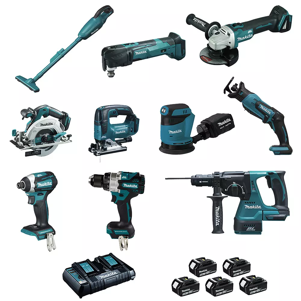 Ensemble de 10 machines 18V (DCL180 + DHP486 + DTD154 + DGA506 + DHS680 + DHR243 + DTM51 + DJR183 + DJV182 + DBO180) - MAKITA - avec 5 batteries 18v 5Ah - chargeur - Makpac- LOT0309