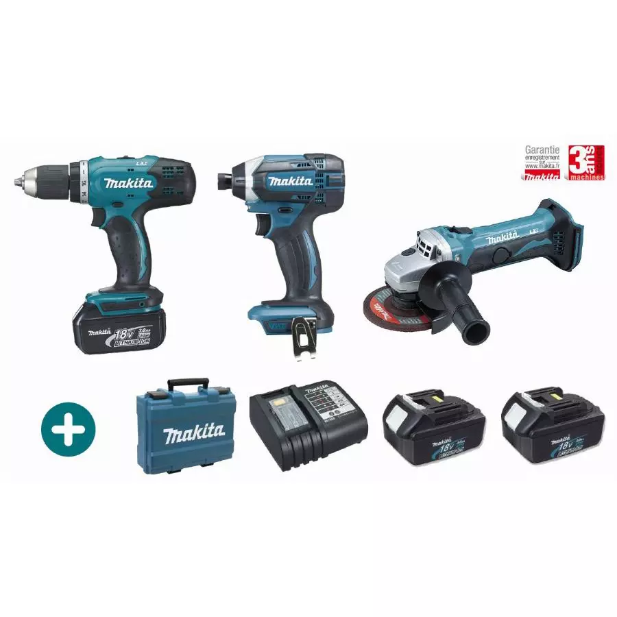 Lot 3 machines 18V  Perceuse Visseuse DDF453 + Visseuse à Choc DTD152 + Meuleuse DGA452- MAKITA - avec 3 batteries 18V 3Ah - chargeur - coffret - LMK2