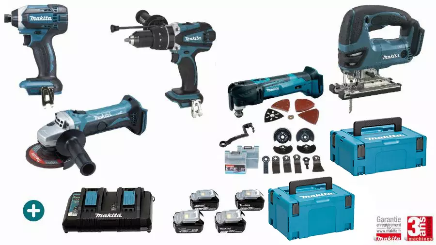 Lot 5 machines 18V - Perceuse Visseuse DHP458 + Visseuse à Choc DTD152 + Meuleuse DGA452Z + scie sauteuse DJV180Z + découpeur ponceur - MAKITA - avec 4 Batteries 5Ah - Chargeur Double - DTM51ZJX3 - LMK13