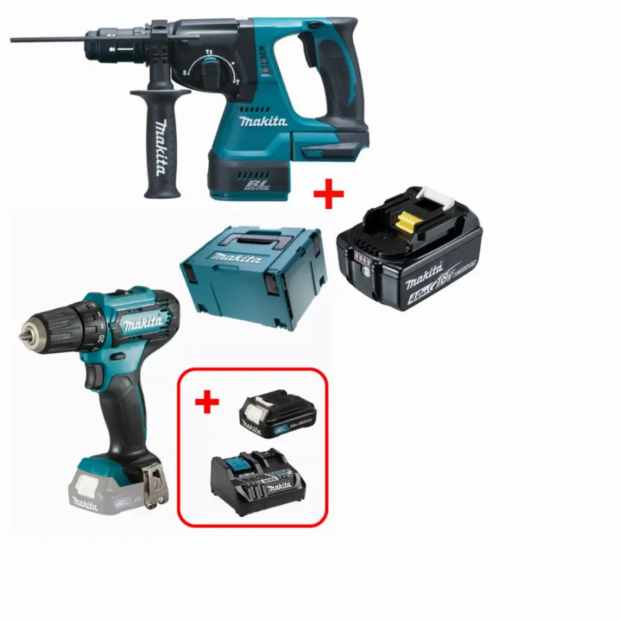 Perfo-burineur SDS-Plus 18V Li-Ion 24 mm - DHR243ZJ + Perceuse visseuse 12 V CXT Ø 10 mm + Batterie / Chargeur - DF333 + Batterie BL1840 Set 18V 4.0 Ah - 197265-4