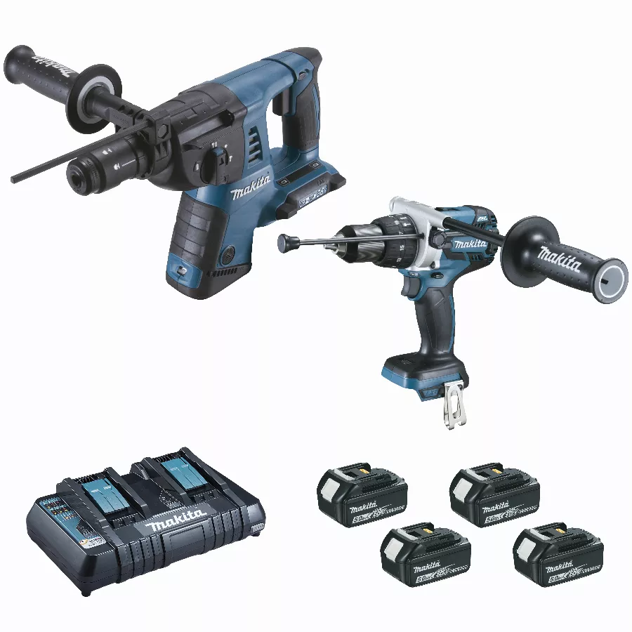 Ensemble de 2 machines 18V Perforateur DHR264 + Perceuse DHP481- MAKITA - avec 2 batteries 18V 5.0Ah - chargeur - MakPac - DLX2101PTJ