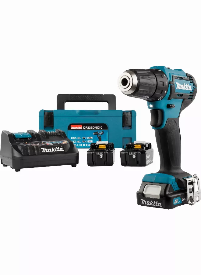Perceuse visseuse 12 V CXT Ø 10 mm - MAKITA - avec 1 batterie 12v-2.0Ah et 2x18 V-5.0Ah - chargeur - MakPac - DF333DNX10