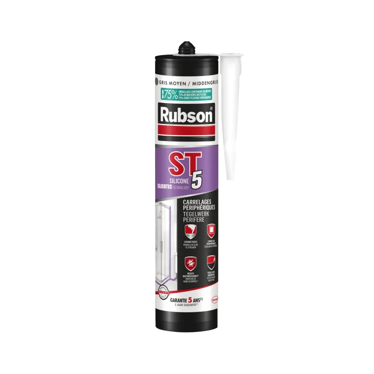 Mastic silicone RUBSON ST5 - Sanitaire multi-usage - Gris moyen - Cartouche 300 ml - 2610576