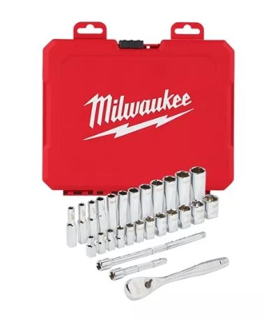Set de douilles et clés à cliquet 1/4 métriques MILWAUKEE - 28 pièces - 4932464943