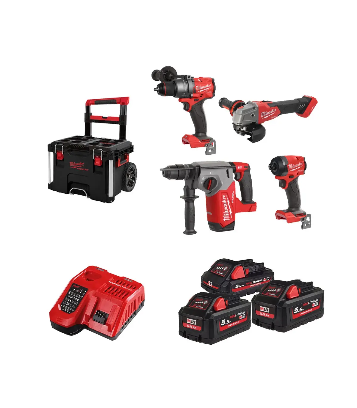 Pack 4 outils 18V fuel M18 FPP4AE-533P (FPD3 + FID3 + FHX + ONEFSAG125XB)2 Batteries M18 5.5Ah + 1 batterie M18 3 Ah + 1 chargeur M12-18FC + 1 trolley Packout – MILWAUKEE - 4933493334
