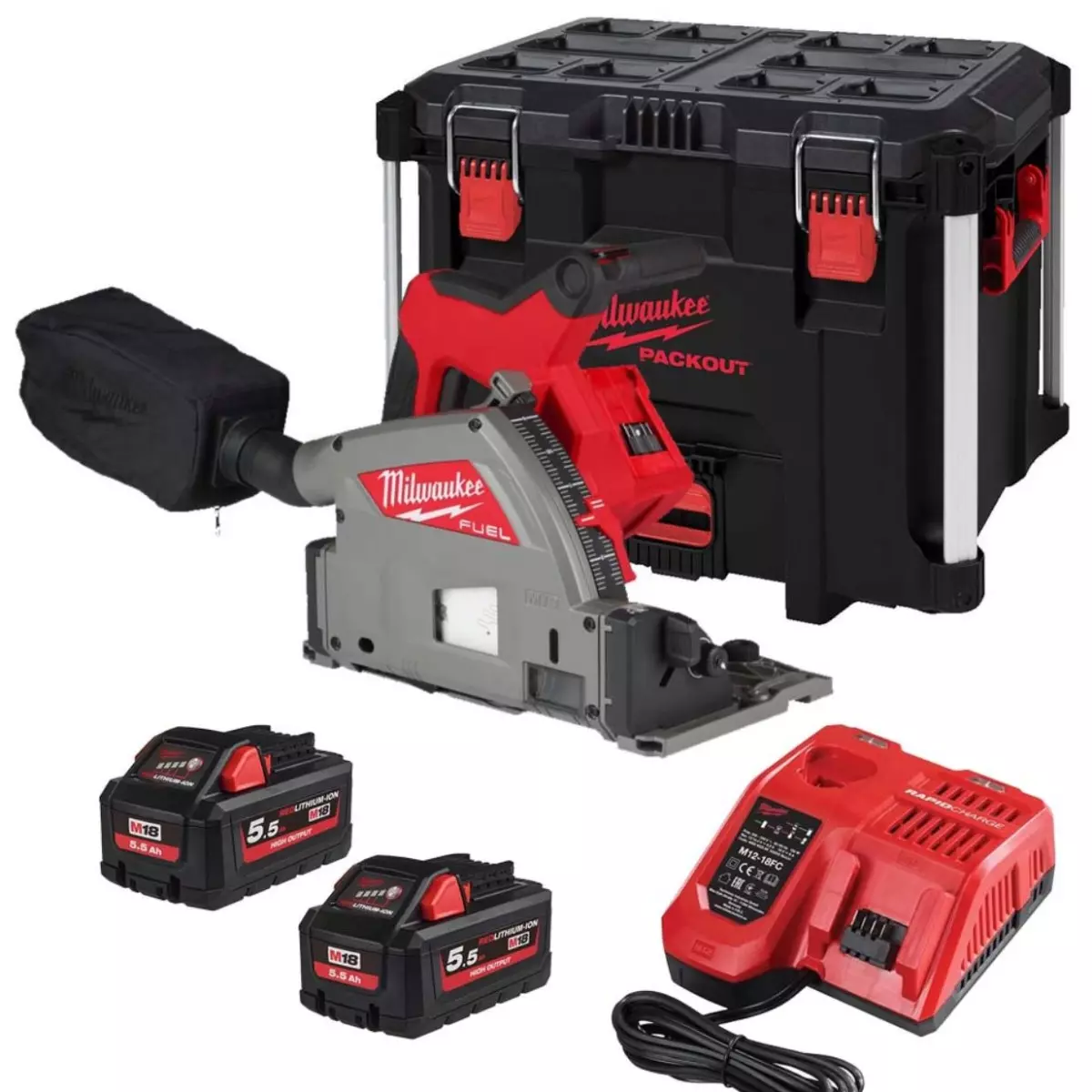 Scie plongeante Ø165mm -18V fuel M18 FPS55-552P - MILWAUKEE - avec 2 batteries 18V 5.5Ah - chargeur - PackOut - 4933478778