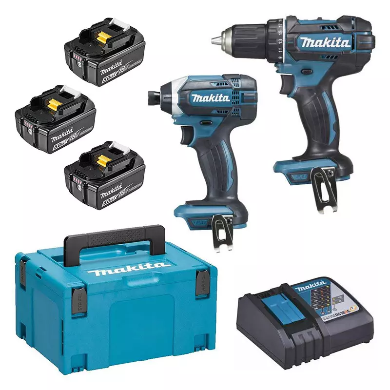 Pack de 2 machines 18V - Perceuse visseuse Ø 13 mm DDF482 + Visseuse à chocs 165 Nm DTD152 - MAKITA - avec 3 batteries 18V  5Ah + chargeur rapide + MakPak - DLX2127TJ1