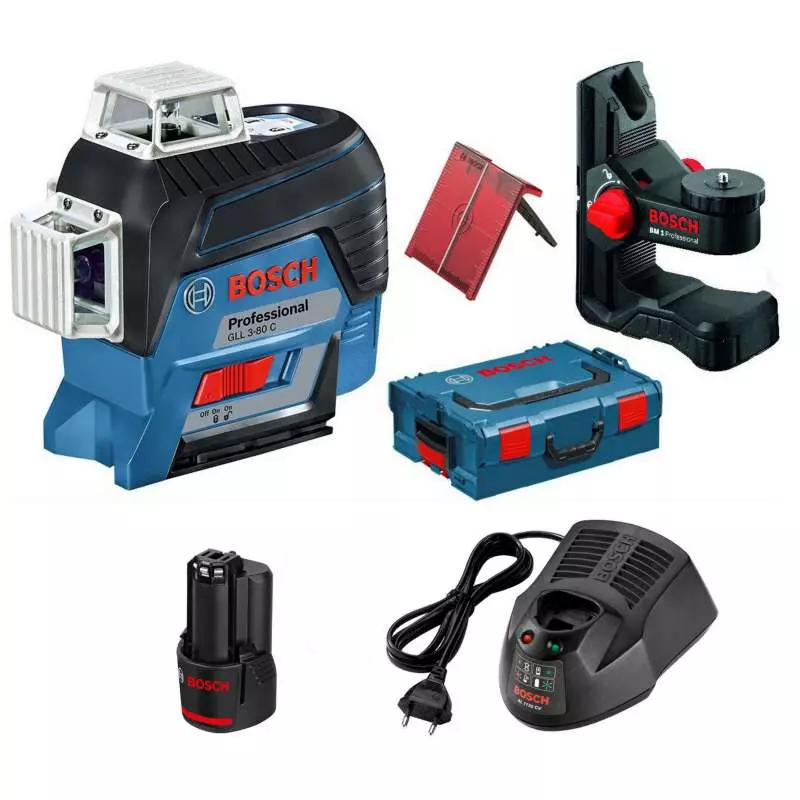 Laser ligne 12V GLL 3-80 C - BOSCH - avec une batterie 12V 2.0Ah - chargeur - accessoires - L-BOXX - 0601063R02