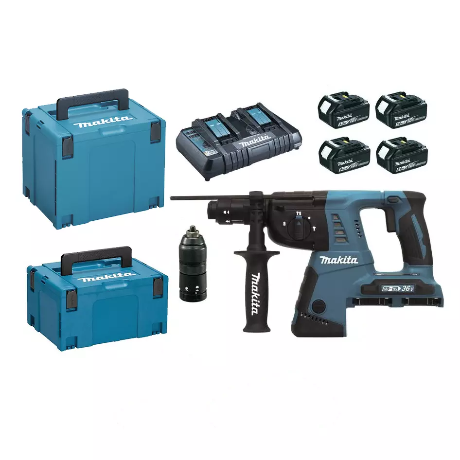 Perforateur-Burineur SDS+ 36V  (2x18V) - 2.5J - MAKITA - avec 4 batteries 5Ah + 1 chargeur rapide + 2 MakPak + accessoires - DHR264PT4J