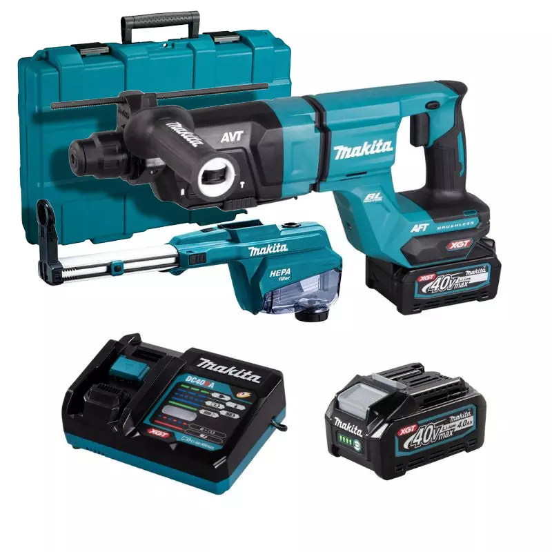 Perforateur-burineur SDS-PLUS 40V max - 28 mm XGT avec kit d'aspiration - MAKITA - avec 2 batteries 40V 4.0Ah - chargeur - coffret - HR007GM202