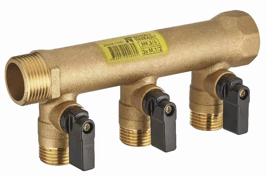 Collecteur à vannes 1/4 tour monobloc mâle femelle MF3/4' (20x27), 3 départs vannes mâle M1/2' (15x21) Entraxe 50 mm NOYON & THIEBAULT - 2020M-153ET