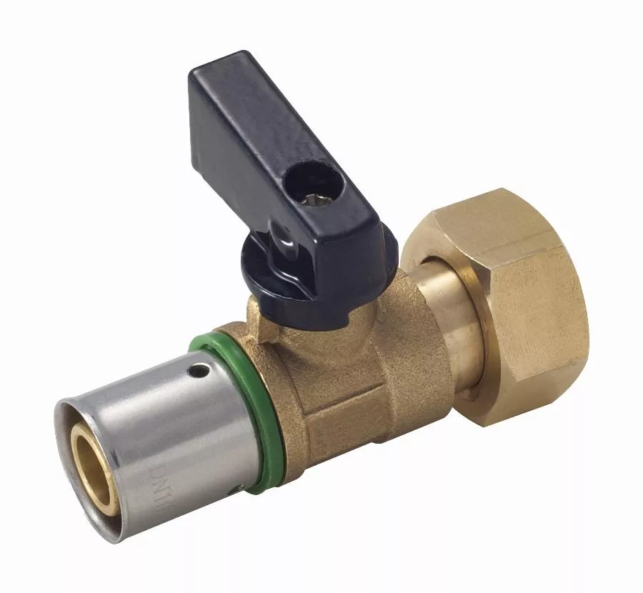 Mini vanne 1/4 tour à sertir profil TH sur tube PER NOYON & THIEBAULT - Ø 12 mm à visser femelle écrou libre F1/2' (15x21) Bague à sertir en inox  - 2721-1512L1