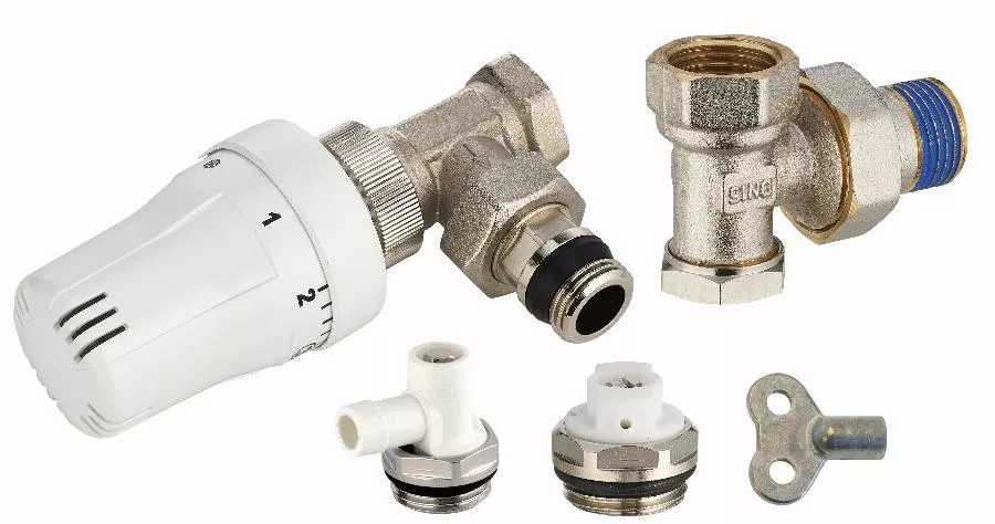 Kit complet de radiateur thermostatique comprenant 1 robinet thermostatique équerre mâle M1/2' + coude de réglage mâle M1/2' + 1 robinet de vidange à bec orientable M1/2' + 1 bouchon purgeur à bec orientable M1/2' + 1 clé à carré de 5 - 803569