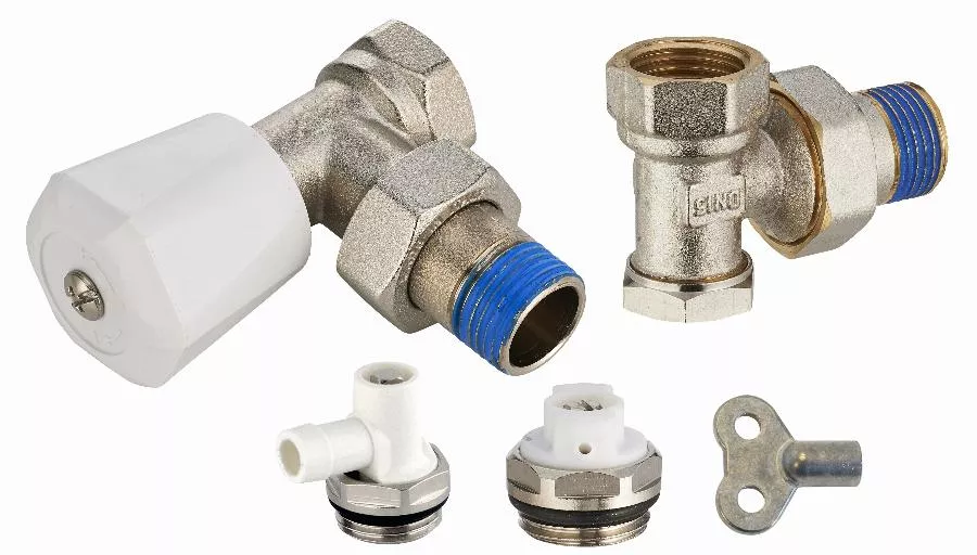 Kit radiateur : 1 robinet manuel équerre mâle M1/2' (15x21) + coude de réglage mâle M1/2' + 1 robinet de vidange à bec orientable M1/2' + 1 bouchon purgeur à bec orientable M1/2' + 1 clé à carré de 5 NOYON & THIEBAULT - 803578