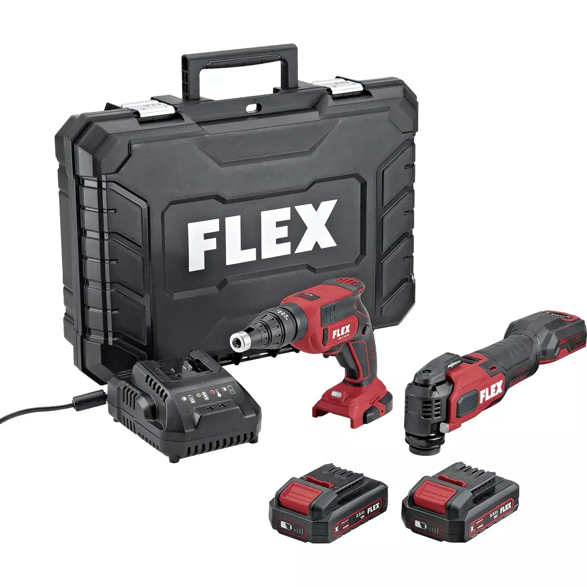 Set visseuse pour cloisons sèches + outil multifonction  - FLEX -  avec 2 batteries 18V 2.5Ah - chargeur - mallette -532427